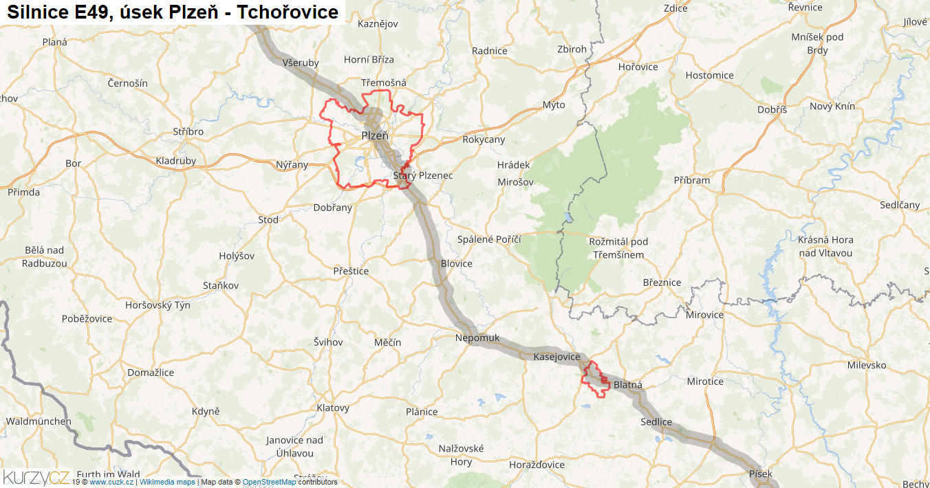 Úsek Plzeň - Tchořovice, Silnice E49 - Mapa