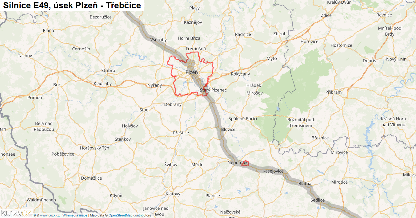 Úsek Plzeň - Třebčice, Silnice E49 - Mapa