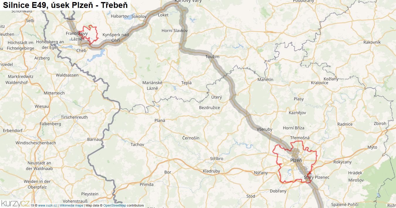 Úsek Plzeň - Třebeň, Silnice E49 - Mapa