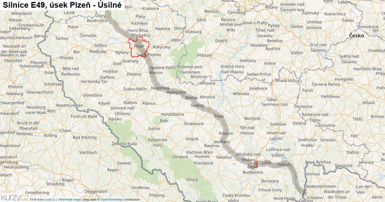 Úsek Plzeň - Úsilné, Silnice E49 - Mapa