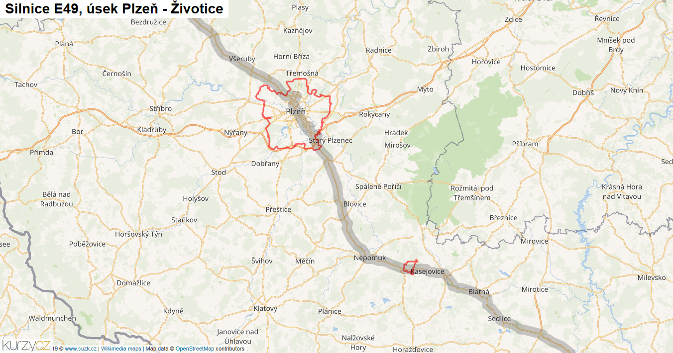Úsek Plzeň - Životice, Silnice E49 - Mapa