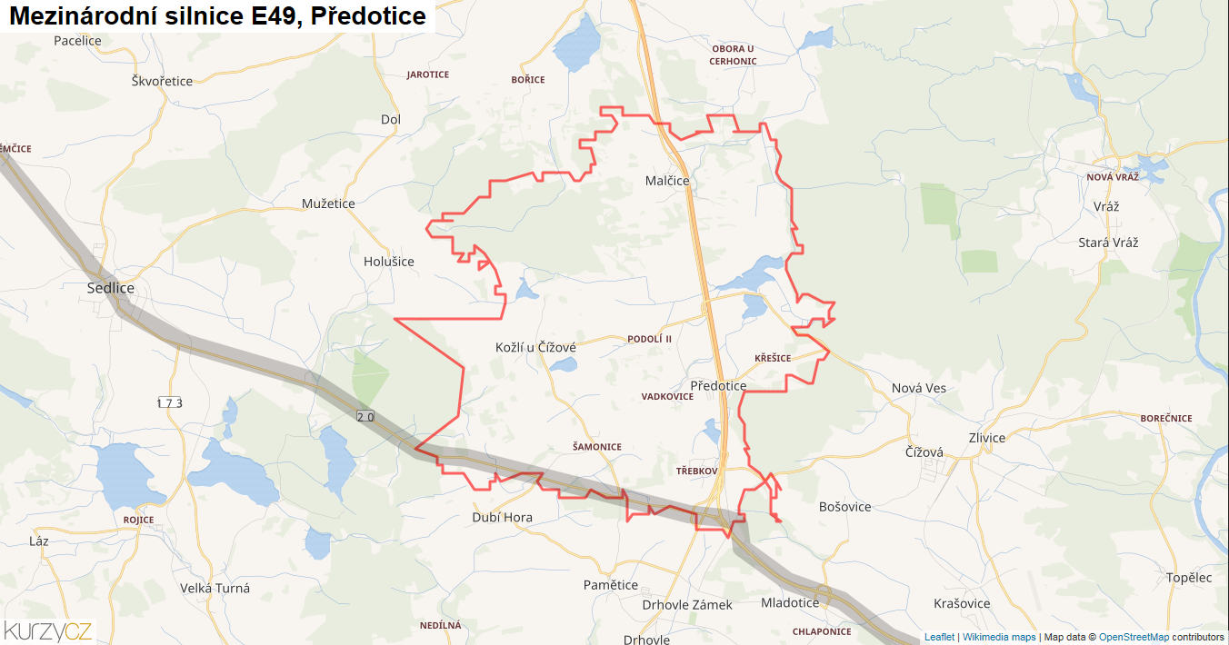 Předotice, Silnice E49 - Mapa