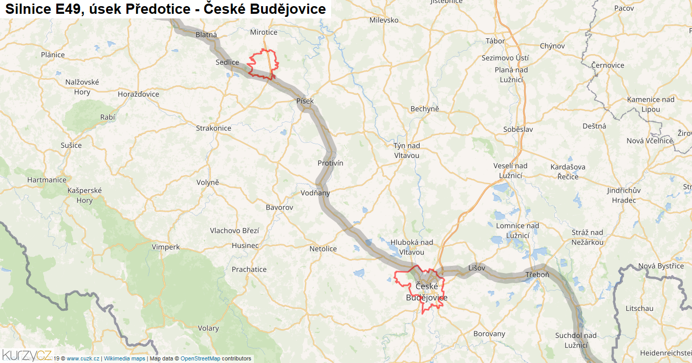 Úsek Předotice - České Budějovice, Silnice E49 - Mapa