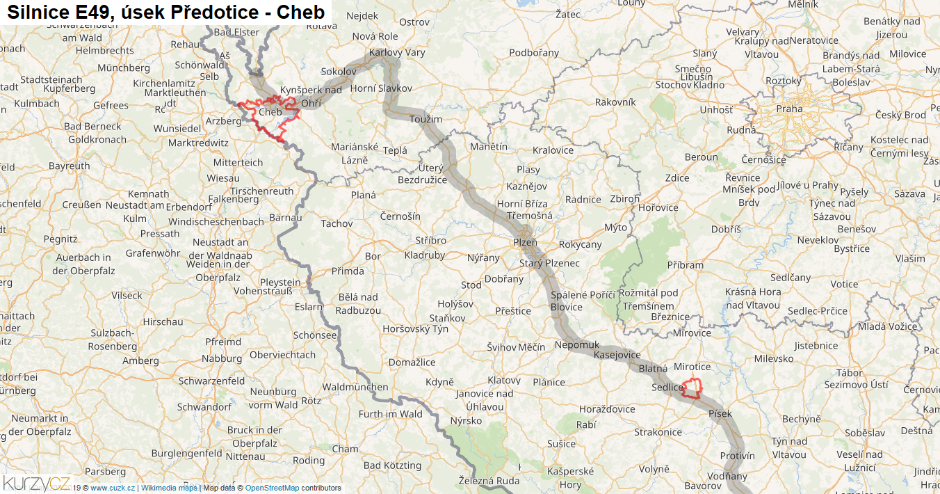 Úsek Předotice - Cheb, Silnice E49 - Mapa