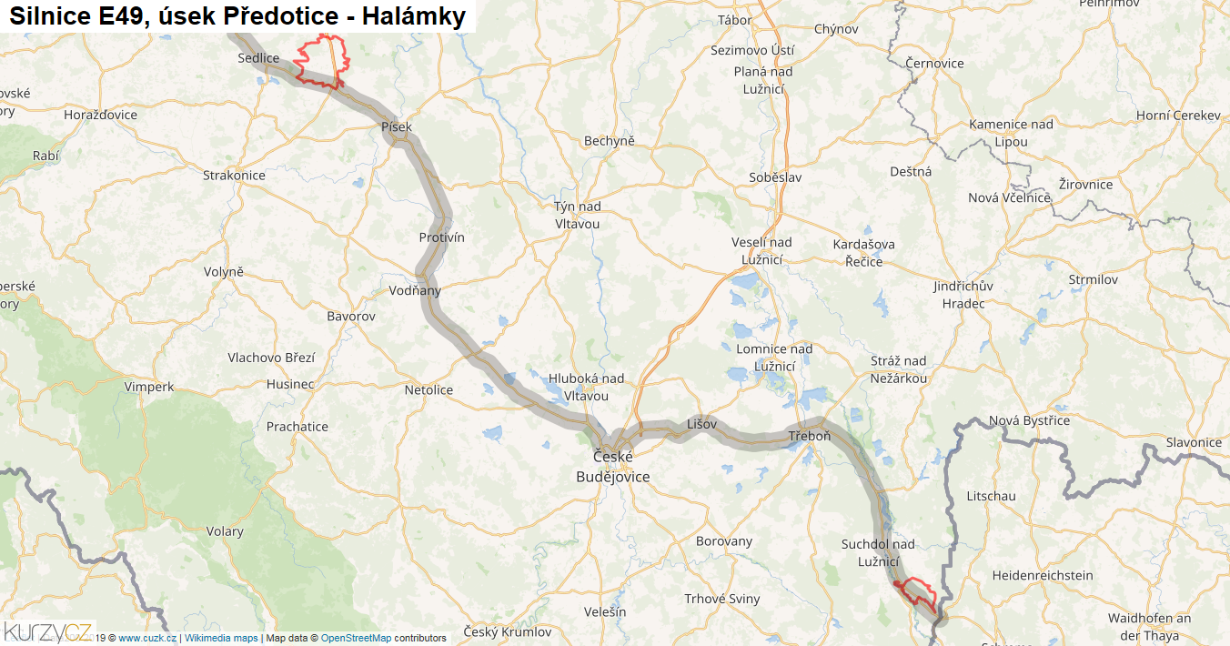 Úsek Předotice - Halámky, Silnice E49 - Mapa