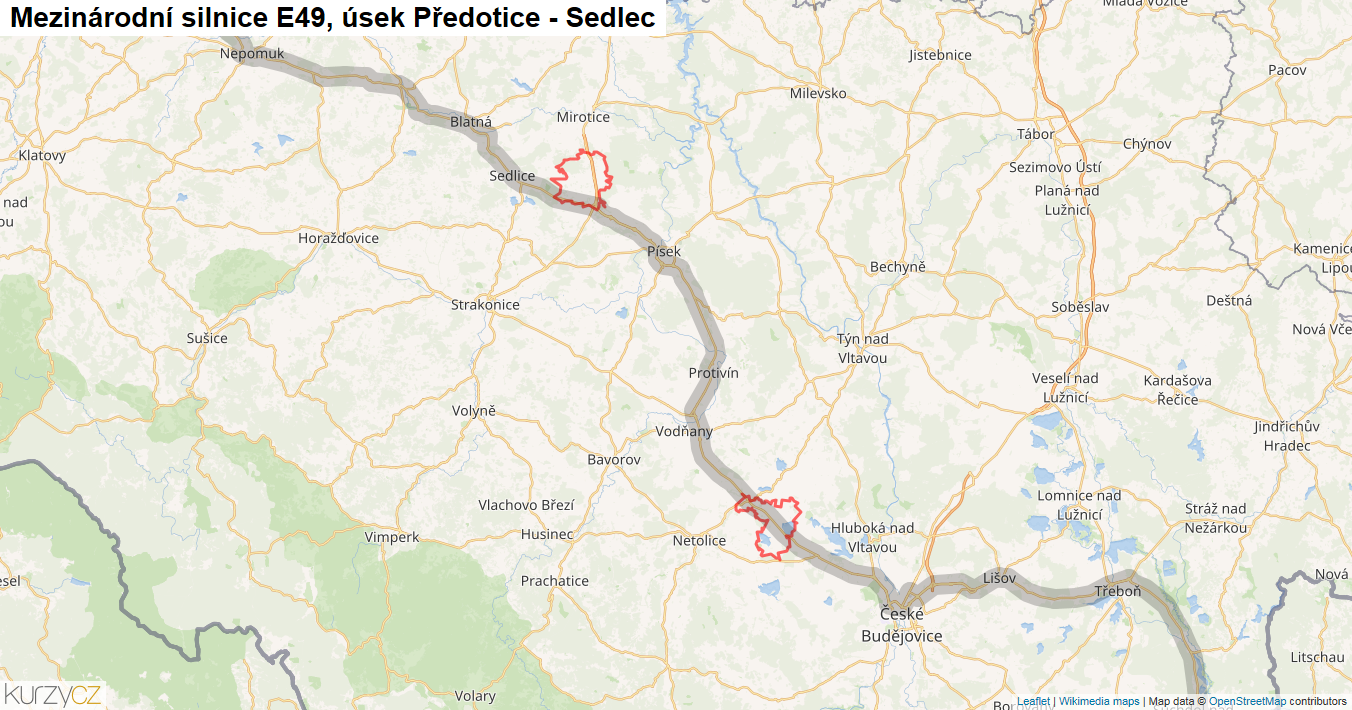 Úsek Předotice - Sedlec, Silnice E49 - Mapa