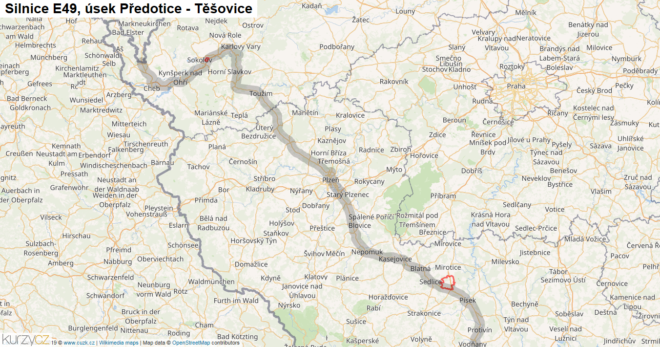 Úsek Předotice - Těšovice, Silnice E49 - Mapa