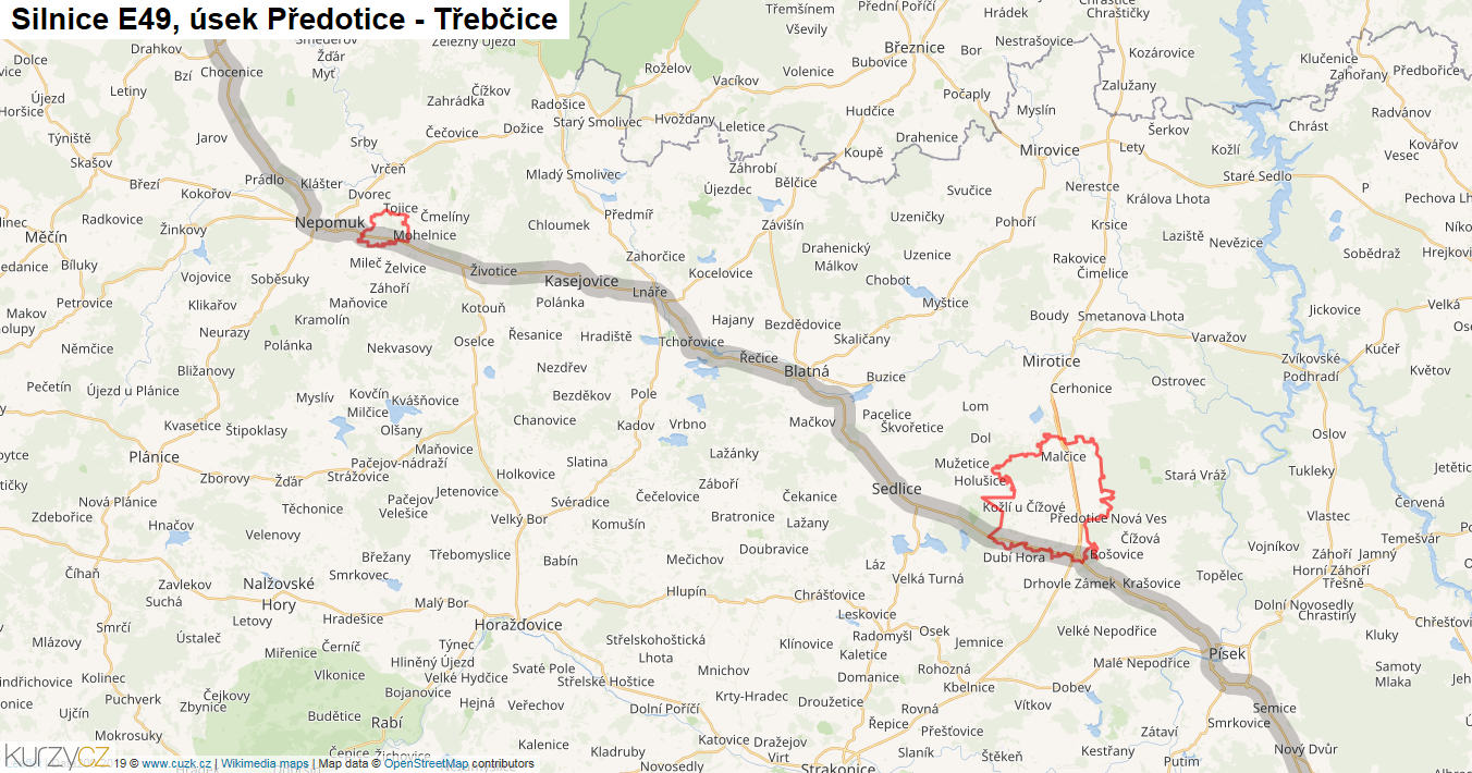 Úsek Předotice - Třebčice, Silnice E49 - Mapa