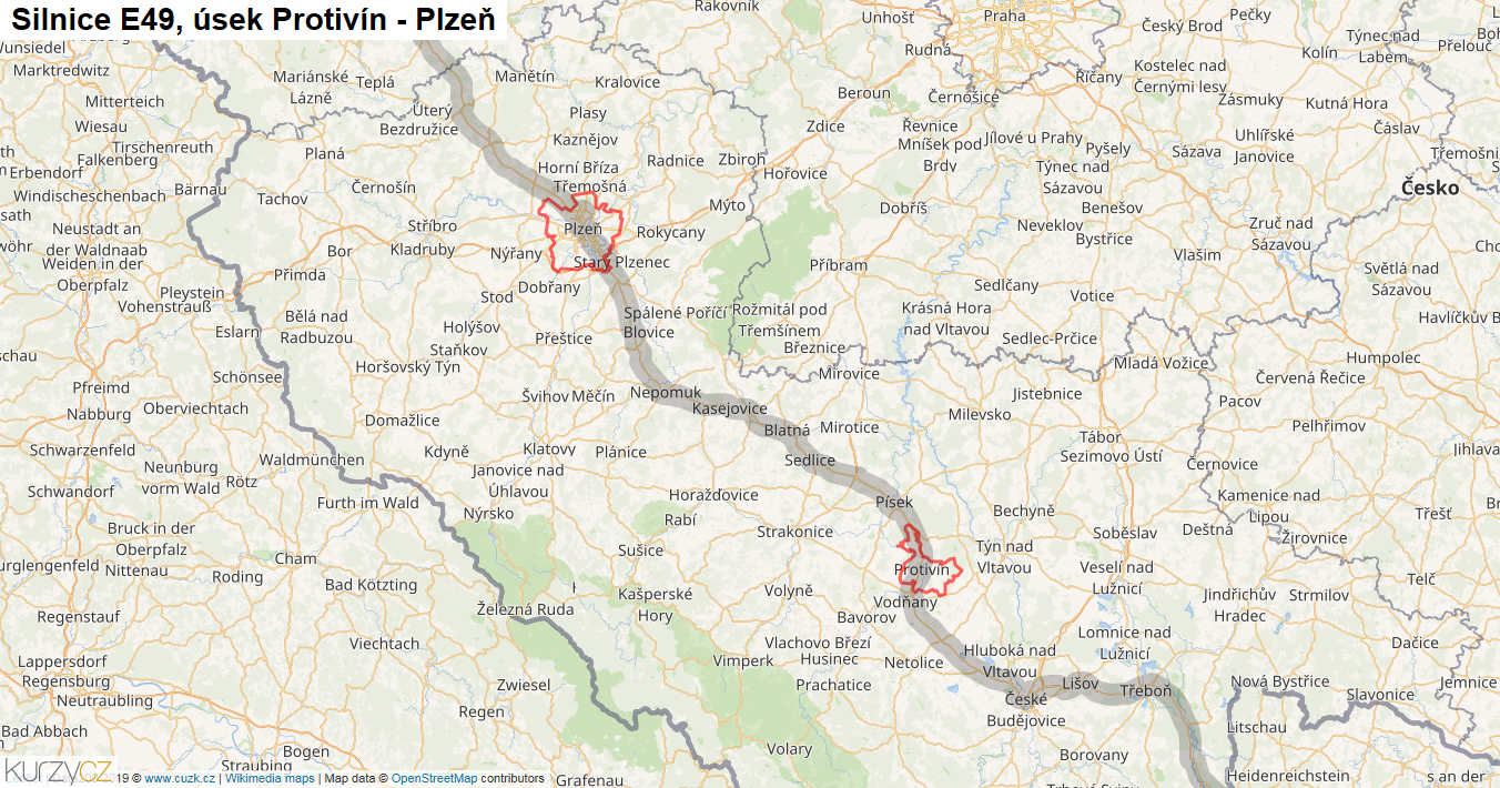 Úsek Protivín - Plzeň, Silnice E49 - Mapa