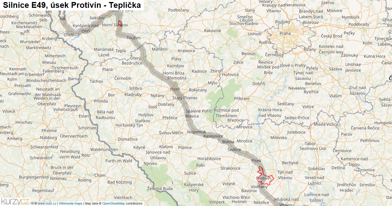 Úsek Protivín - Teplička, Silnice E49 - Mapa