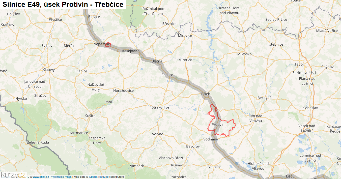 Úsek Protivín - Třebčice, Silnice E49 - Mapa