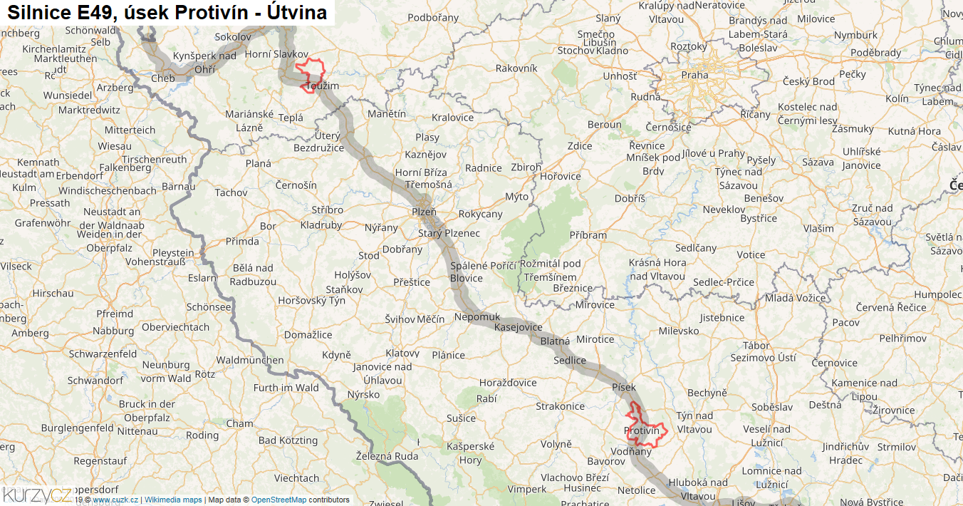 Úsek Protivín - Útvina, Silnice E49 - Mapa