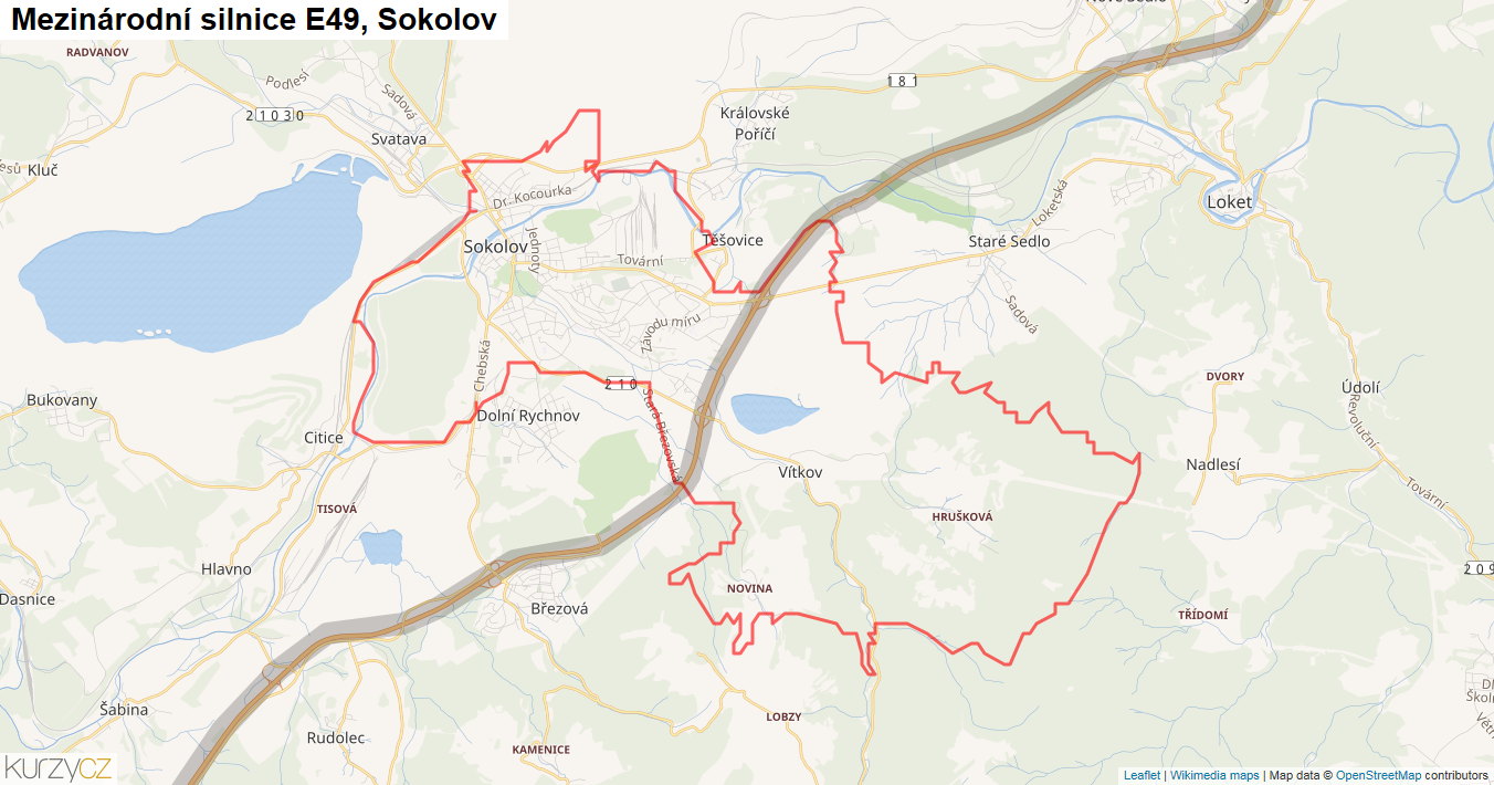 Sokolov, Silnice E49 - Mapa