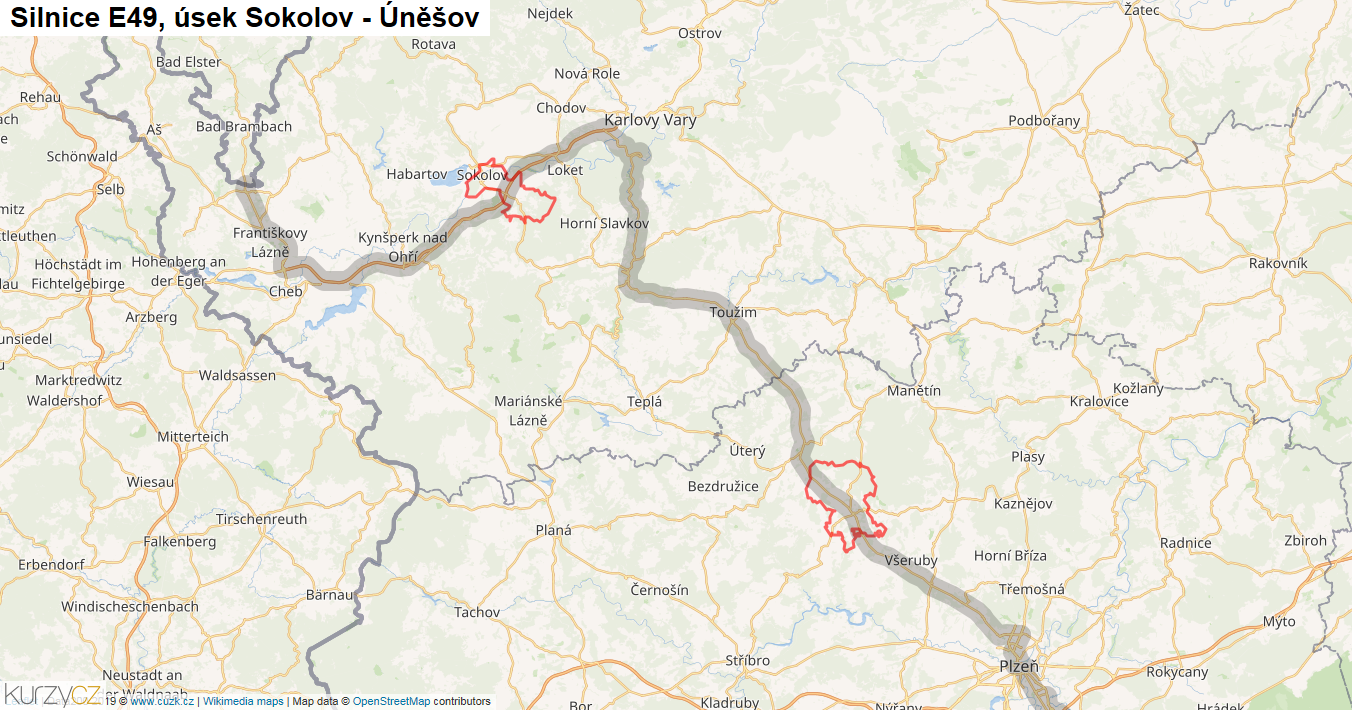 Úsek Sokolov - Úněšov, Silnice E49 - Mapa