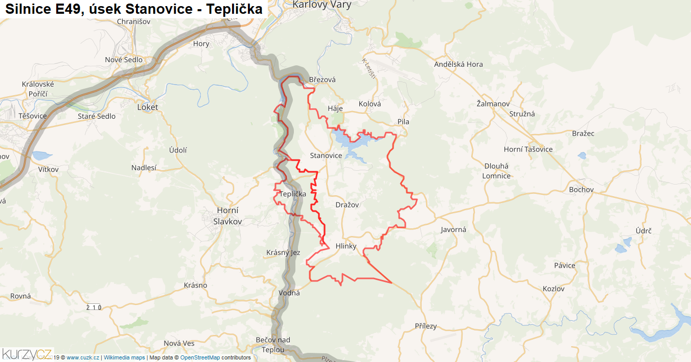 Úsek Stanovice - Teplička, Silnice E49 - Mapa