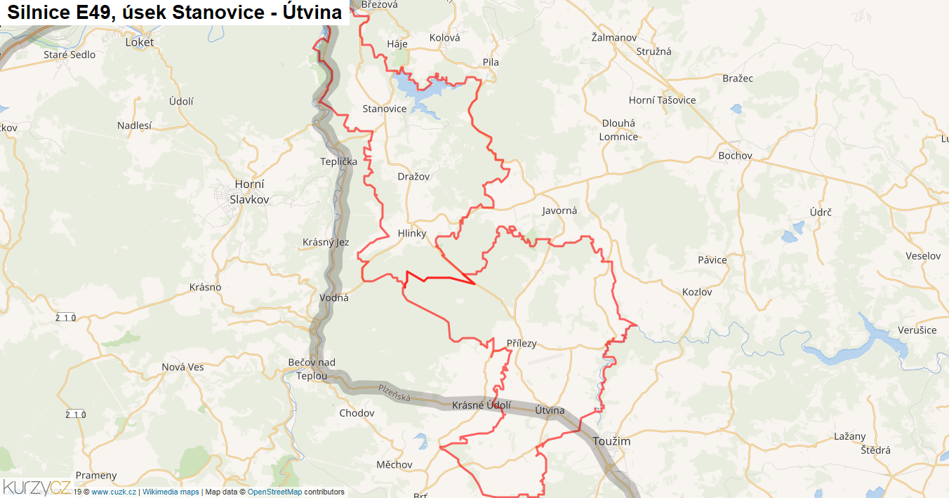 Úsek Stanovice - Útvina, Silnice E49 - Mapa