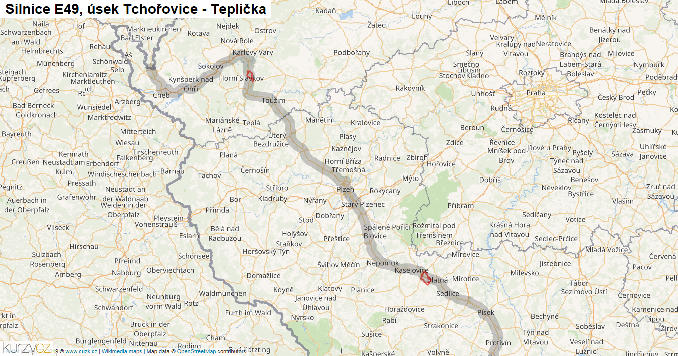 Úsek Tchořovice - Teplička, Silnice E49 - Mapa