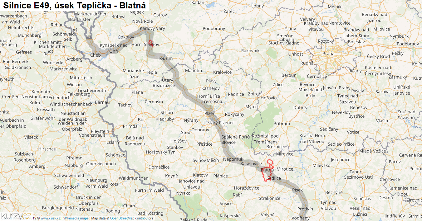Úsek Teplička - Blatná, Silnice E49 - Mapa