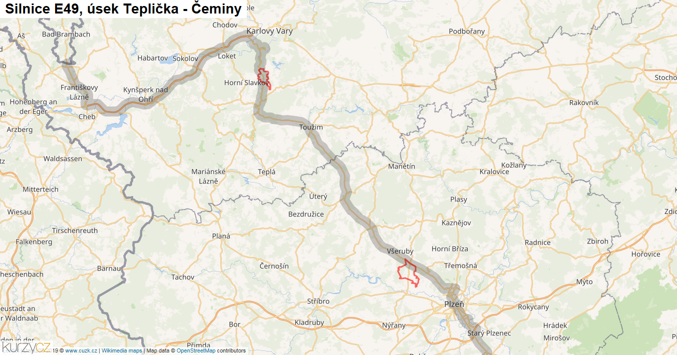 Úsek Teplička - Čeminy, Silnice E49 - Mapa