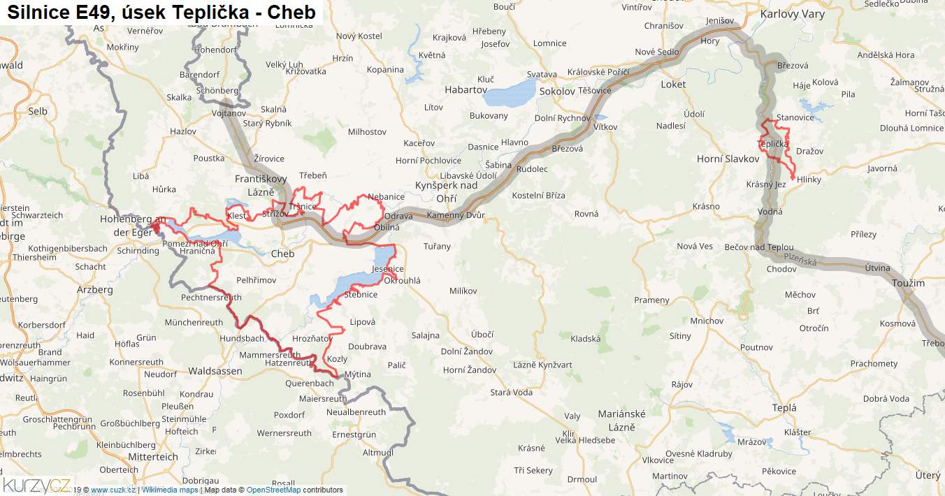 Úsek Teplička - Cheb, Silnice E49 - Mapa