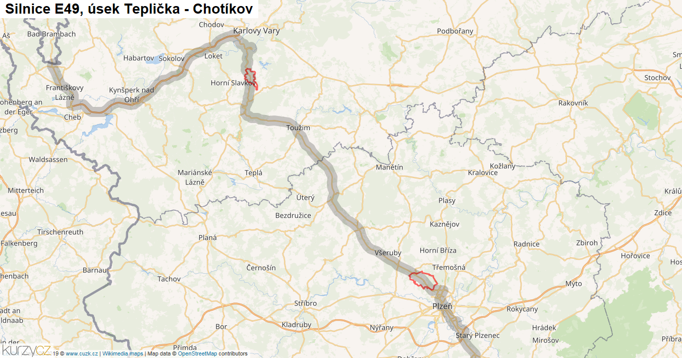 Úsek Teplička - Chotíkov, Silnice E49 - Mapa