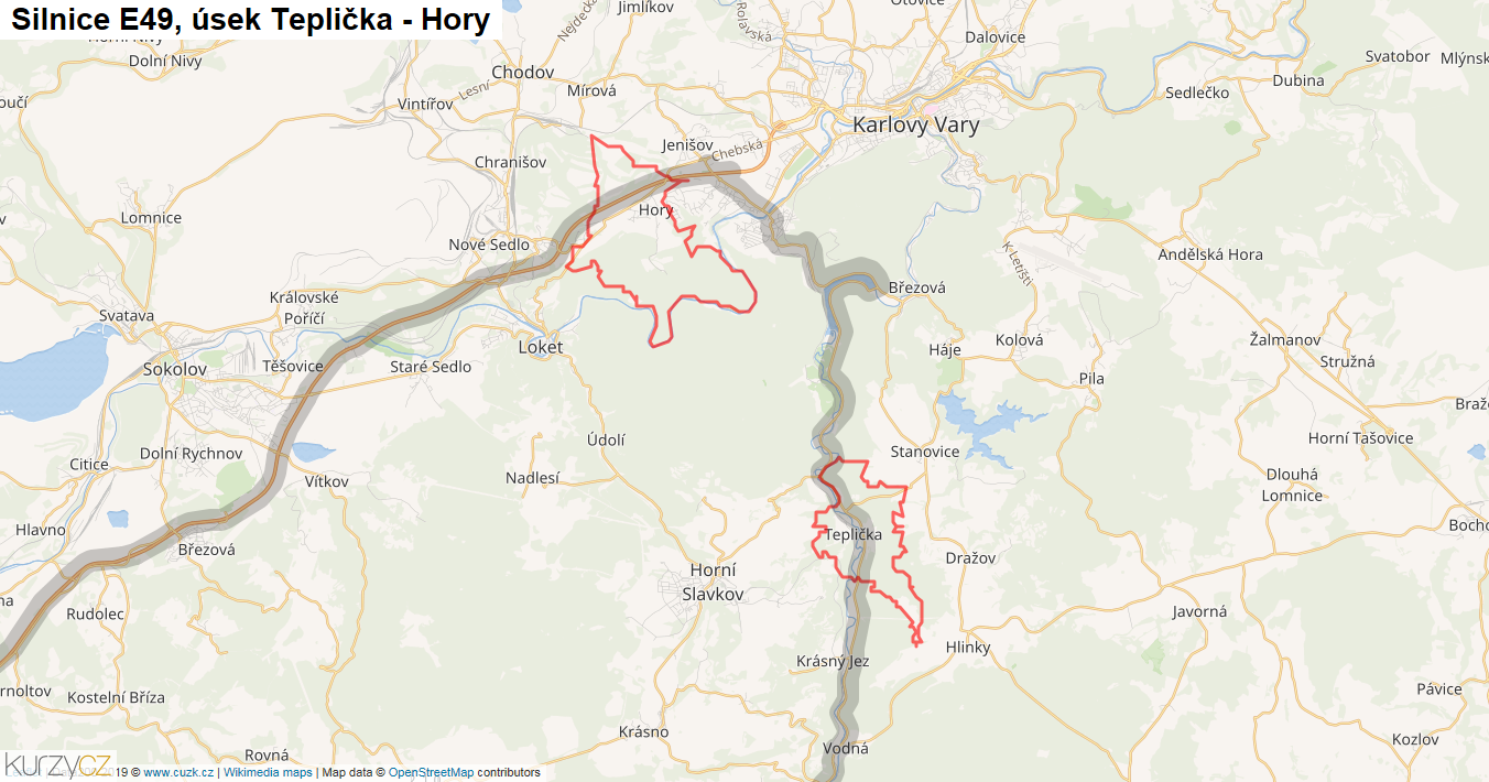 Úsek Teplička - Hory, Silnice E49 - Mapa