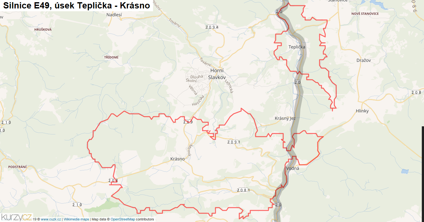 Úsek Teplička - Krásno, Silnice E49 - Mapa