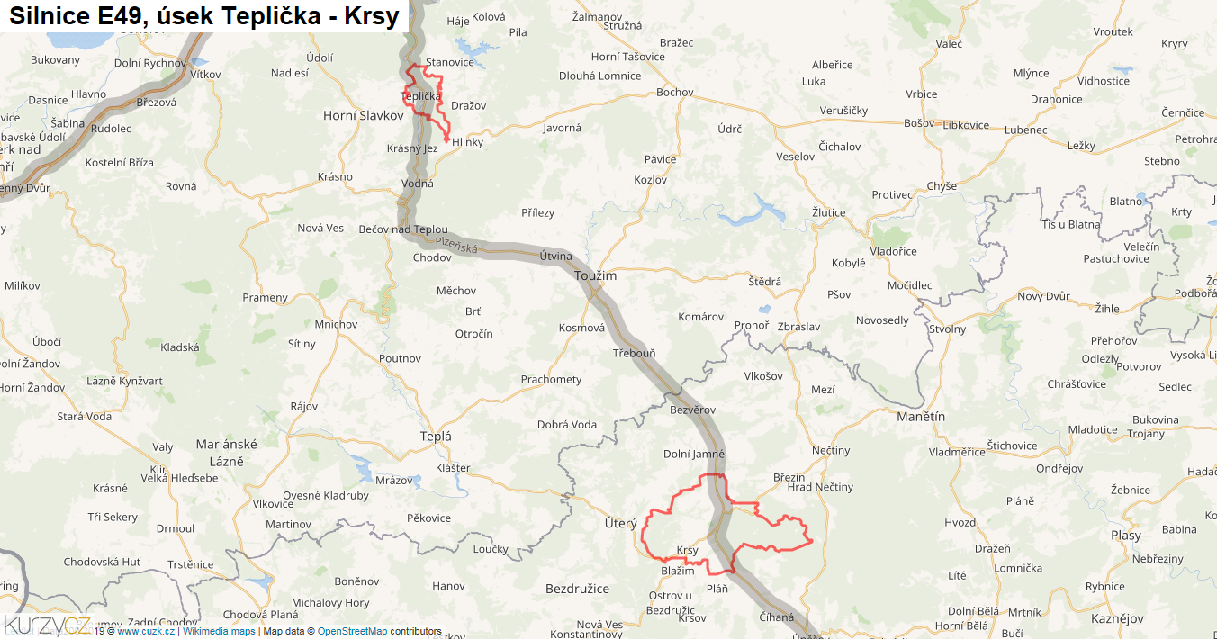 Úsek Teplička - Krsy, Silnice E49 - Mapa