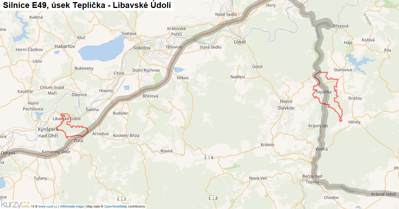 Úsek Teplička - Libavské Údolí, Silnice E49 - Mapa