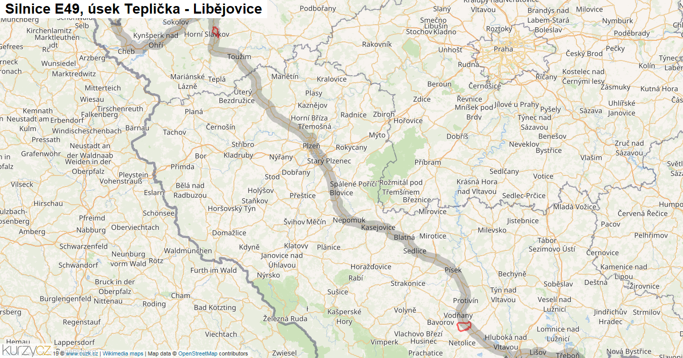 Úsek Teplička - Libějovice, Silnice E49 - Mapa