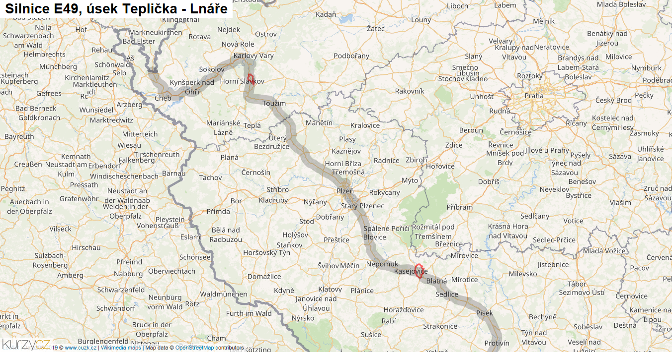 Úsek Teplička - Lnáře, Silnice E49 - Mapa