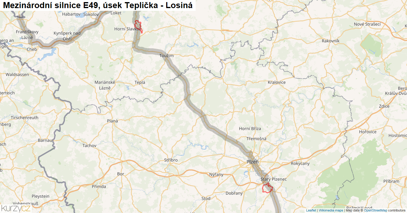 Úsek Teplička - Losiná, Silnice E49 - Mapa