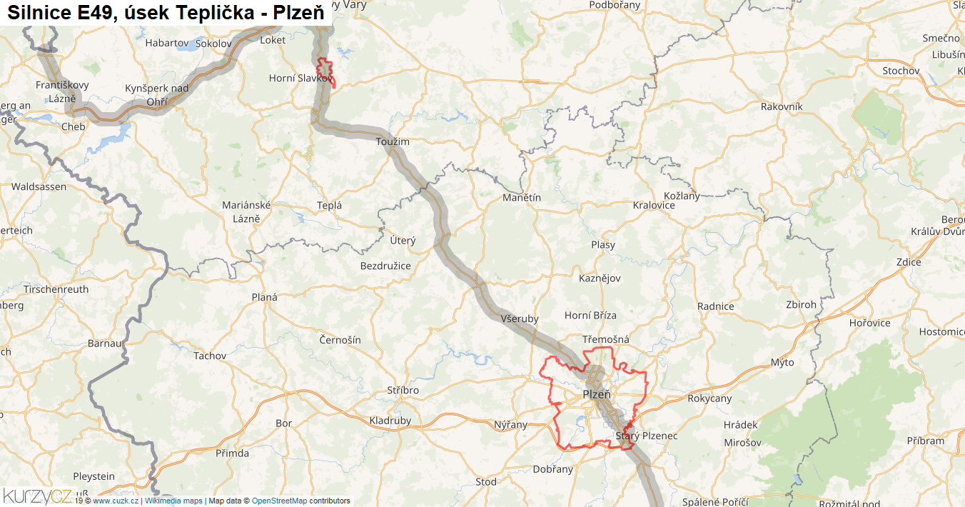 Úsek Teplička - Plzeň, Silnice E49 - Mapa