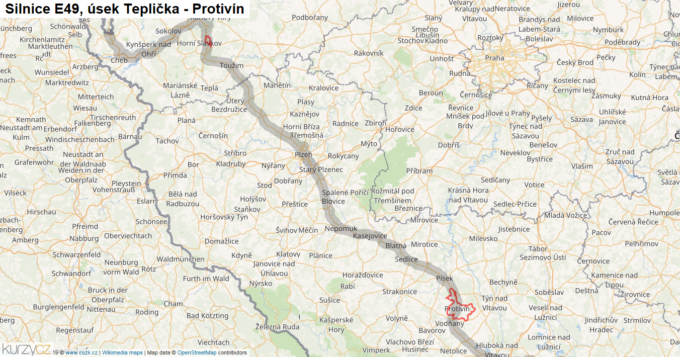 Úsek Teplička - Protivín, Silnice E49 - Mapa