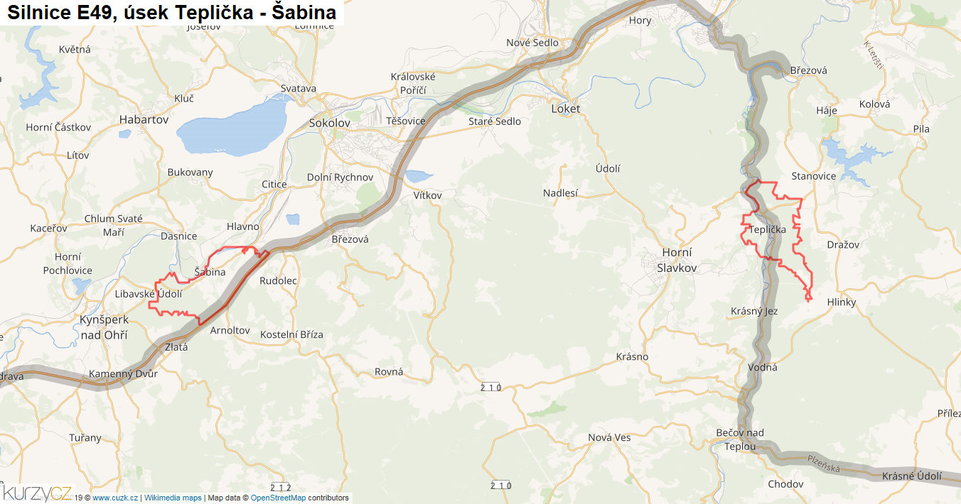 Úsek Teplička - Šabina, Silnice E49 - Mapa