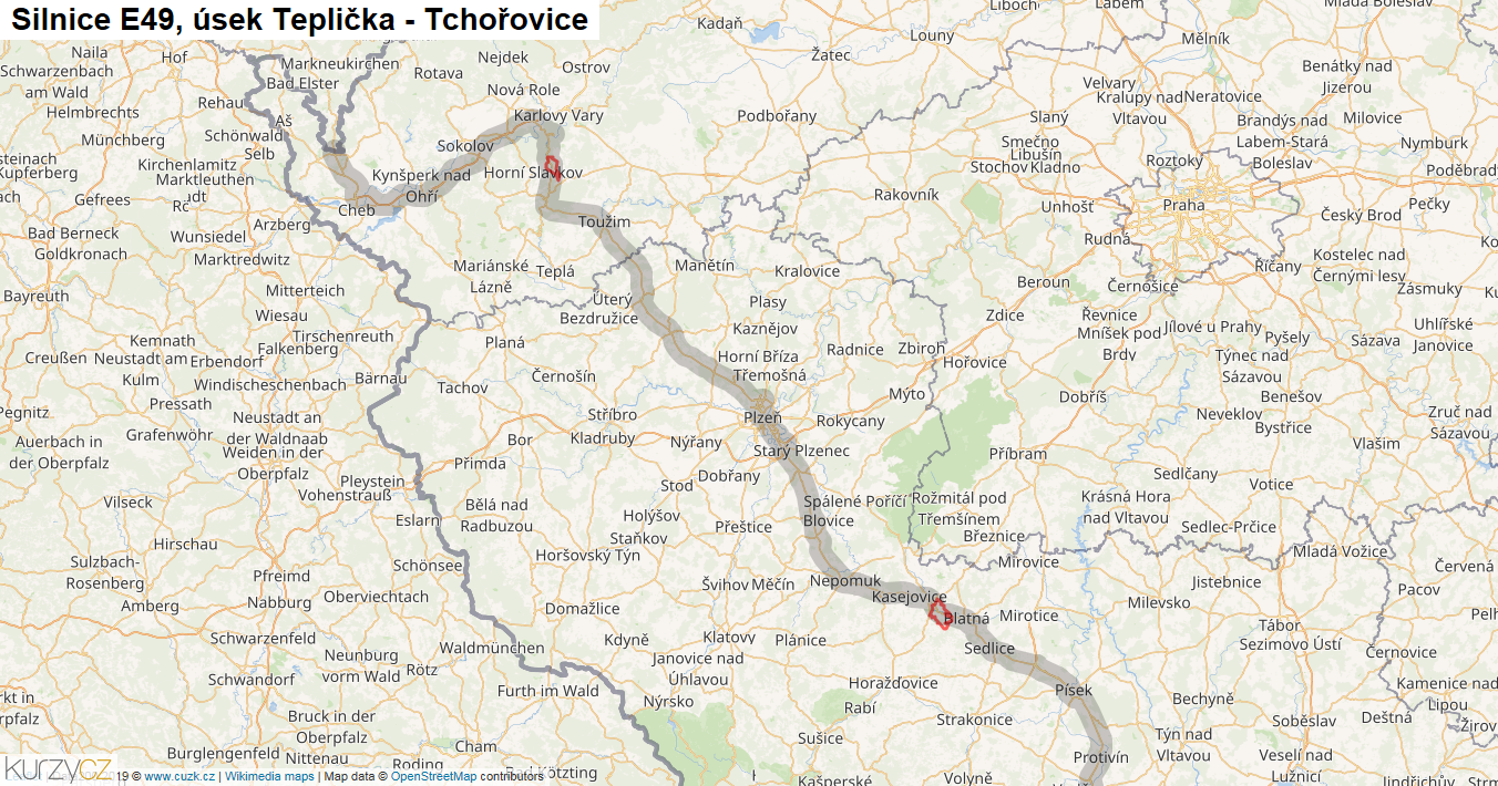 Úsek Teplička - Tchořovice, Silnice E49 - Mapa