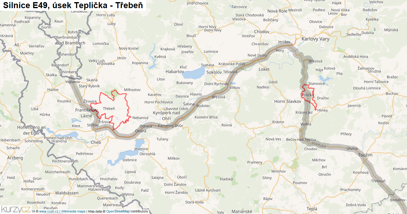 Úsek Teplička - Třebeň, Silnice E49 - Mapa