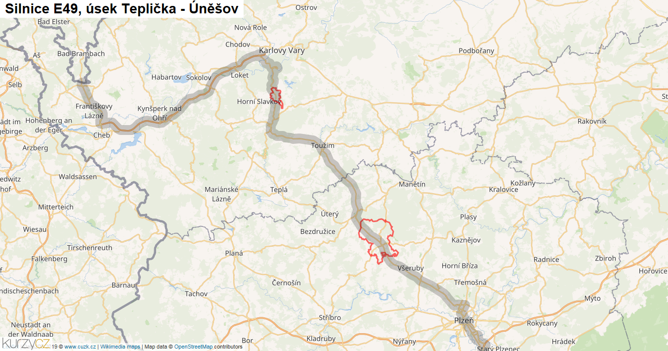 Úsek Teplička - Úněšov, Silnice E49 - Mapa