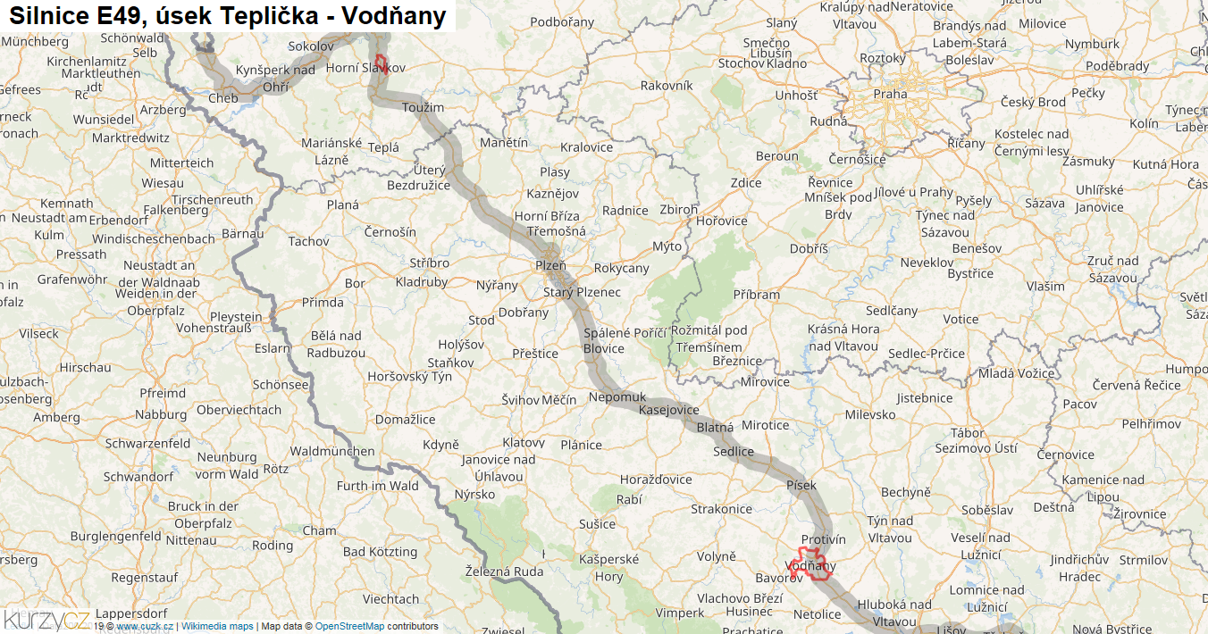 Úsek Teplička - Vodňany, Silnice E49 - Mapa