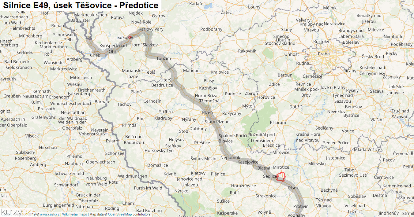 Úsek Těšovice - Předotice, Silnice E49 - Mapa