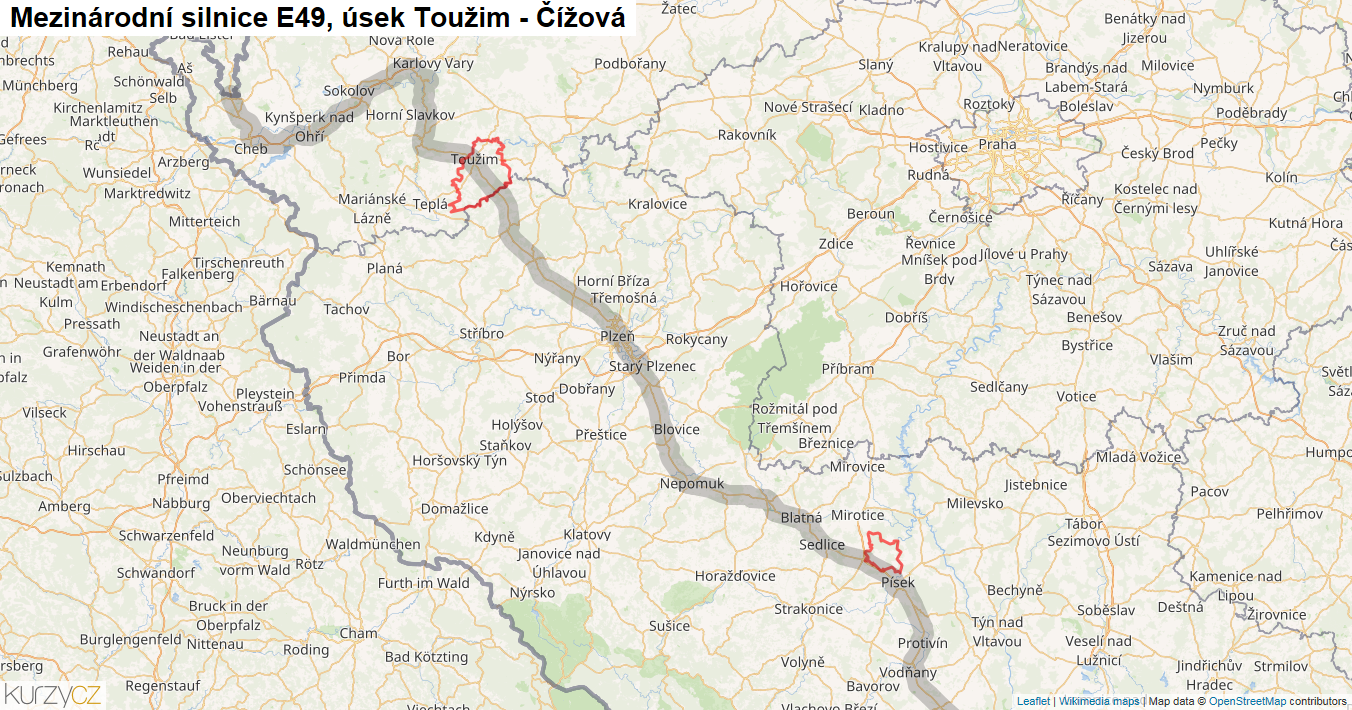 Úsek Toužim - Čížová, Silnice E49 - Mapa