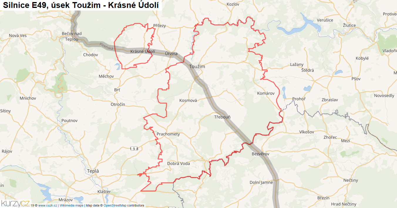 Úsek Toužim - Krásné Údolí, Silnice E49 - Mapa