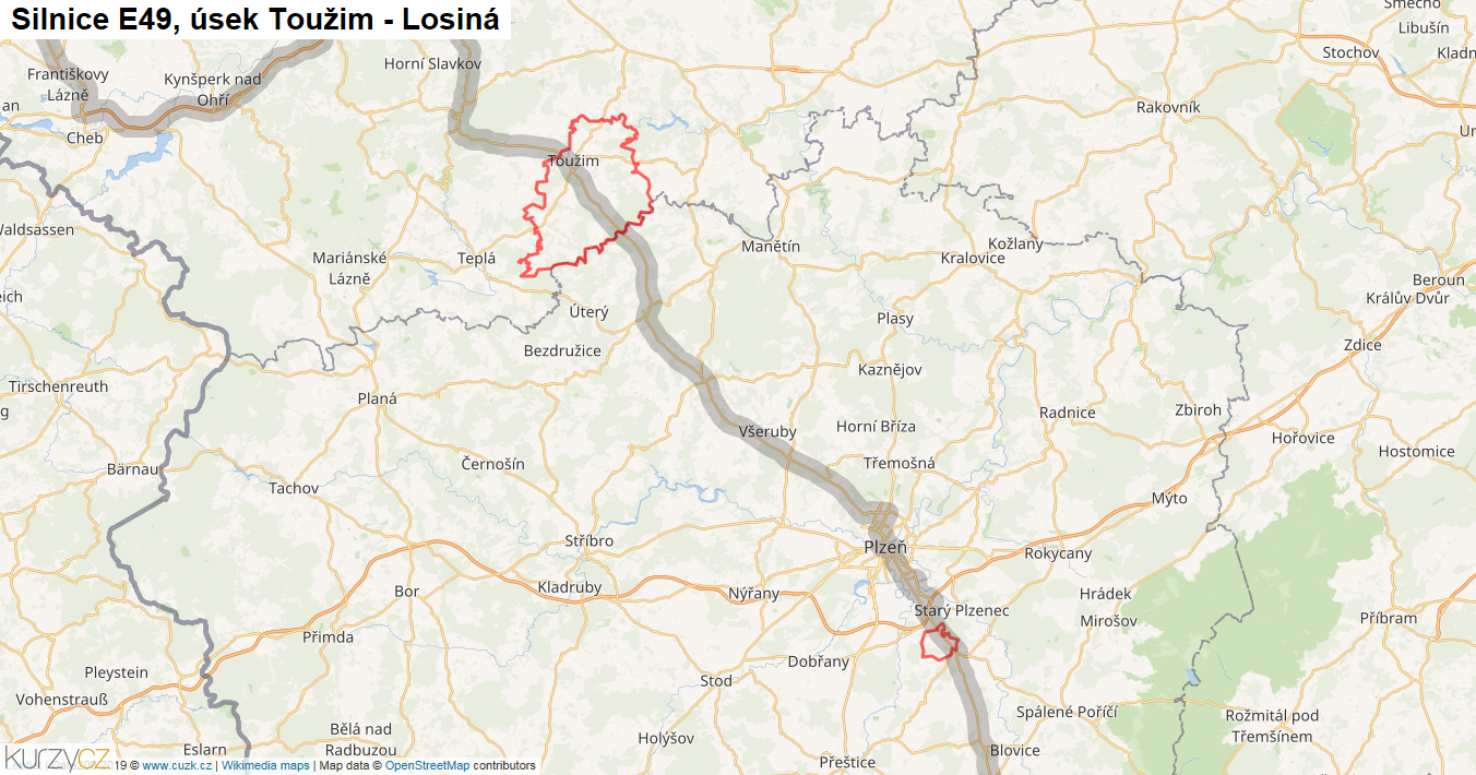 Úsek Toužim - Losiná, Silnice E49 - Mapa