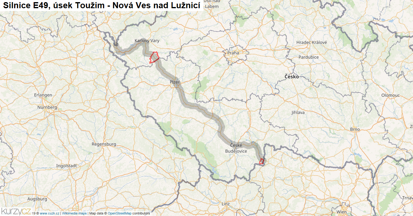 Úsek Toužim - Nová Ves nad Lužnicí, Silnice E49 - Mapa