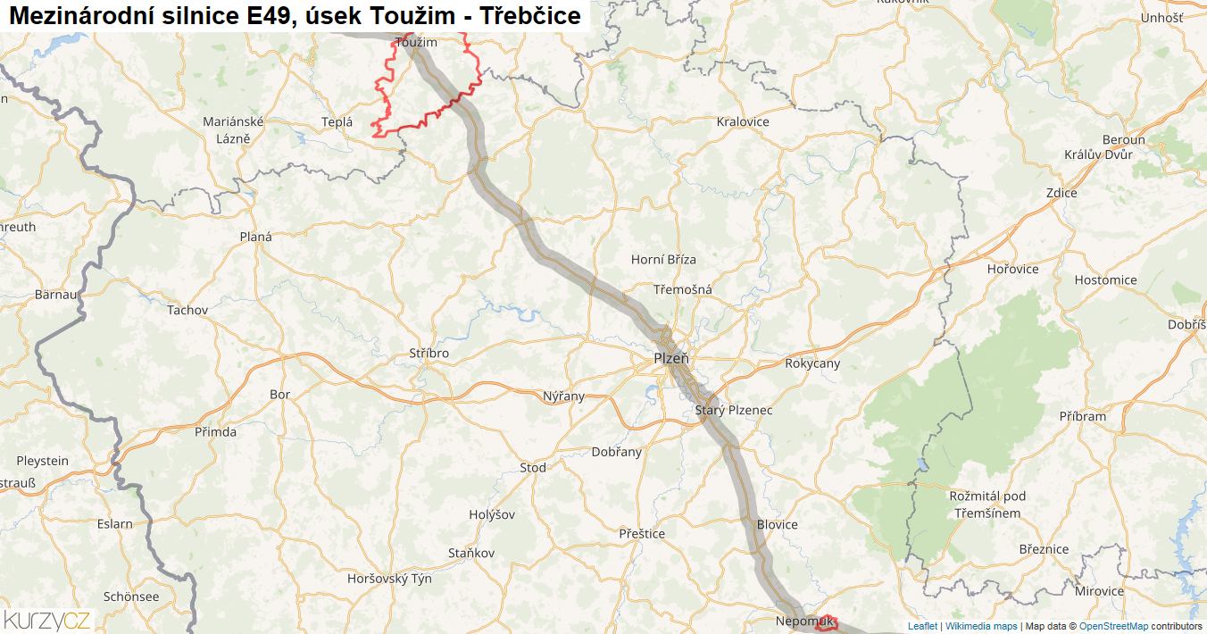 Úsek Toužim - Třebčice, Silnice E49 - Mapa