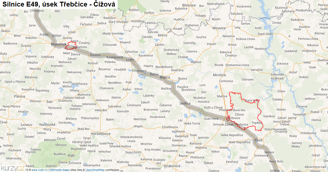 Úsek Třebčice - Čížová, Silnice E49 - Mapa