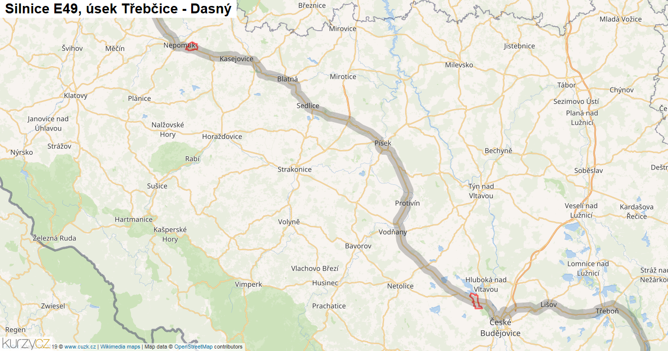 Úsek Třebčice - Dasný, Silnice E49 - Mapa