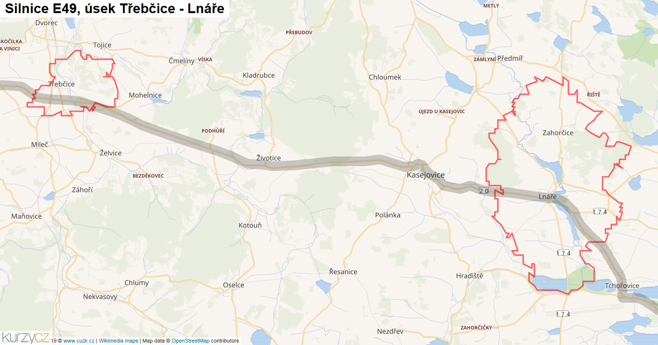 Úsek Třebčice - Lnáře, Silnice E49 - Mapa