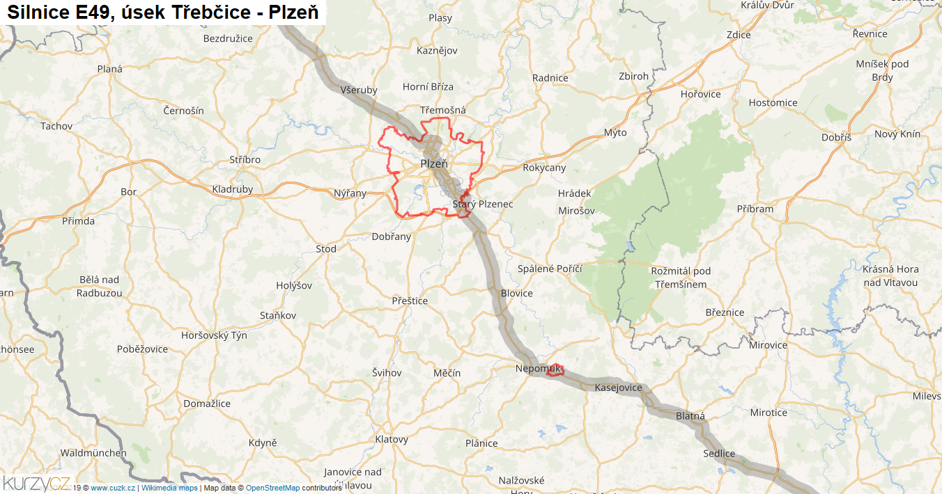 Úsek Třebčice - Plzeň, Silnice E49 - Mapa
