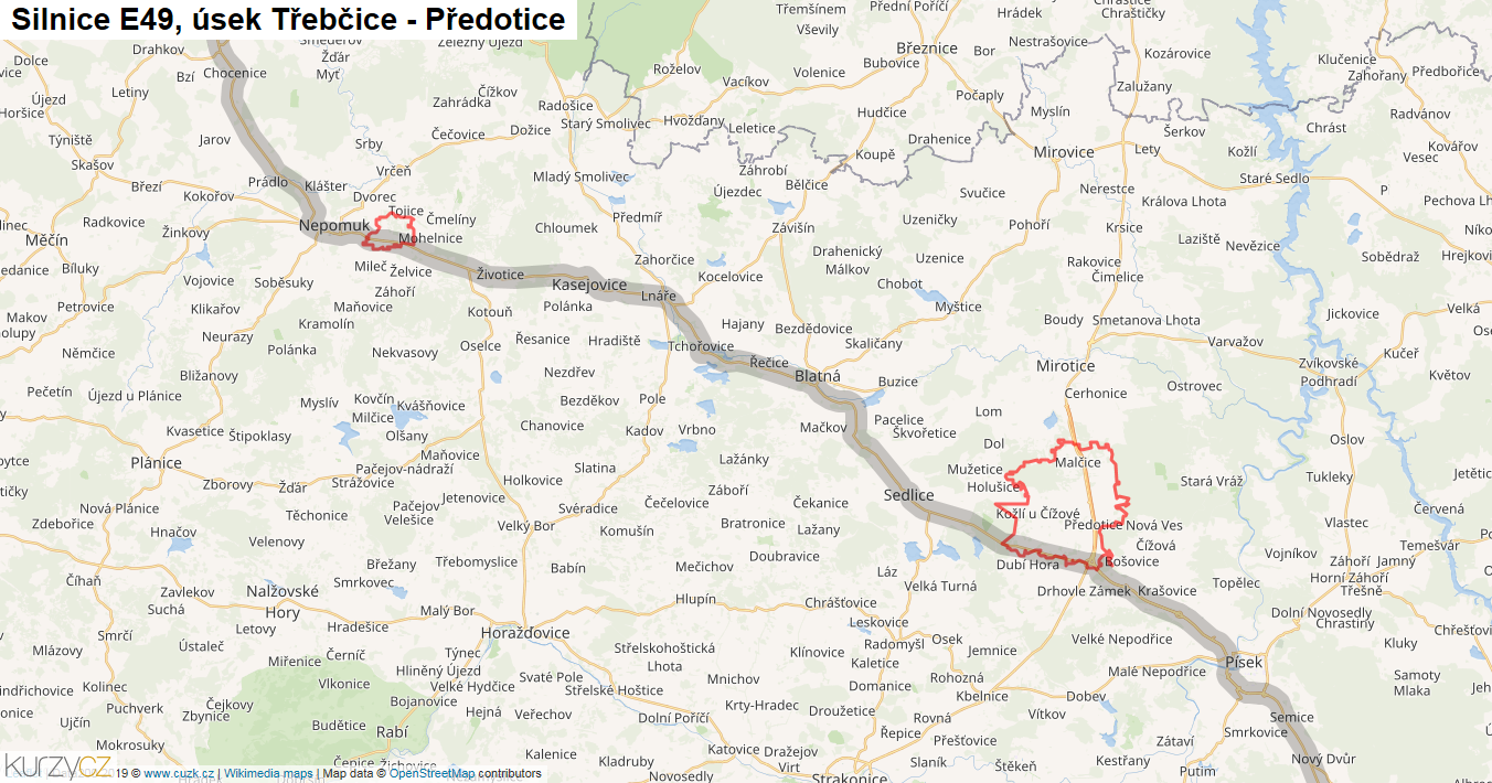 Úsek Třebčice - Předotice, Silnice E49 - Mapa